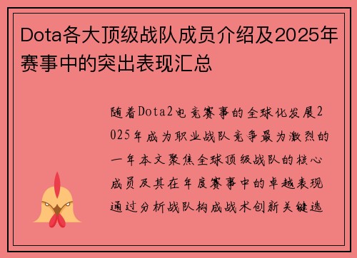 Dota各大顶级战队成员介绍及2025年赛事中的突出表现汇总